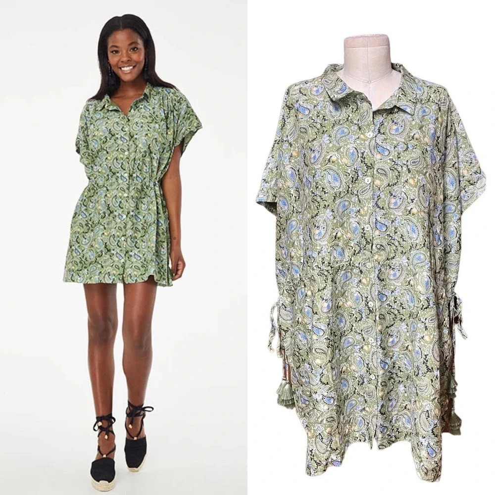 Roller Rabbit Turin Ellyott Dress Olive Green Blue Paisley Size Large